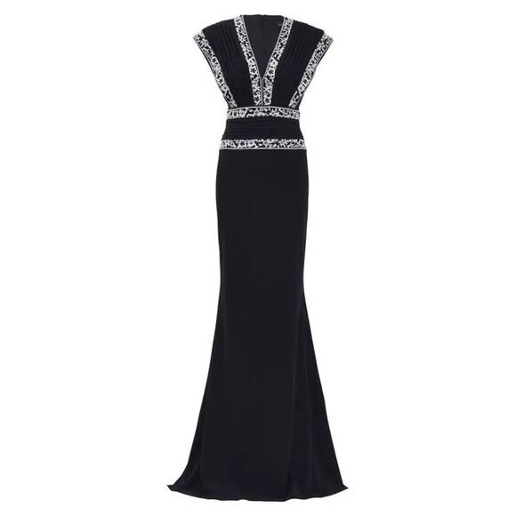 Tadashi Shoji Embroidered V-Neck Black Ivory Gown | Size 16 | NWOT - Picture 1 of 14